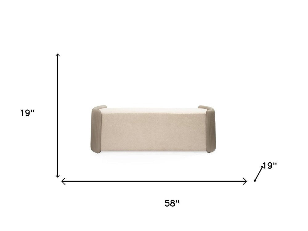 58" Taupe and Light Gray Boucle And Faux Leather Upholstered Bench HomeRoots