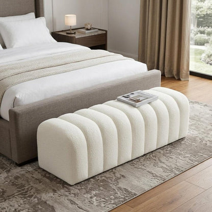 59" White Tufted Boucle Upholstered Bench HomeRoots