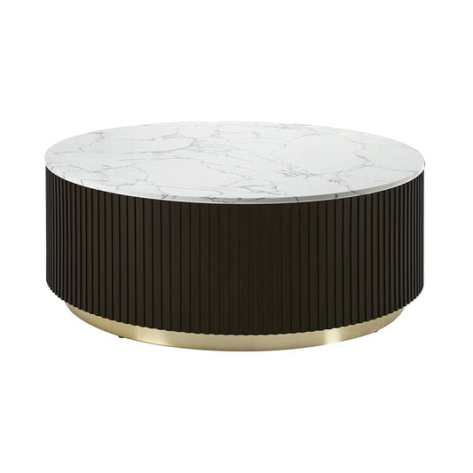 35" White Espresso and Gold Faux Marble Solid Wood and Steel Round Drum Coffee Table HomeRoots