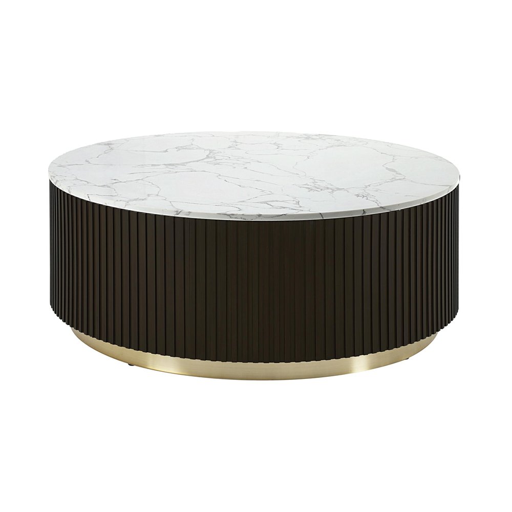 35" White Espresso and Gold Faux Marble Solid Wood and Steel Round Drum Coffee Table HomeRoots