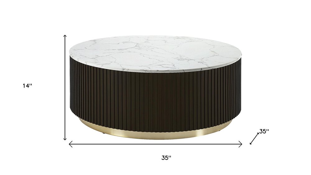 35" White Espresso and Gold Faux Marble Solid Wood and Steel Round Drum Coffee Table HomeRoots