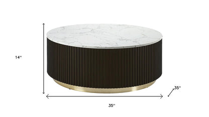 35" White Espresso and Gold Faux Marble Solid Wood and Steel Round Drum Coffee Table HomeRoots