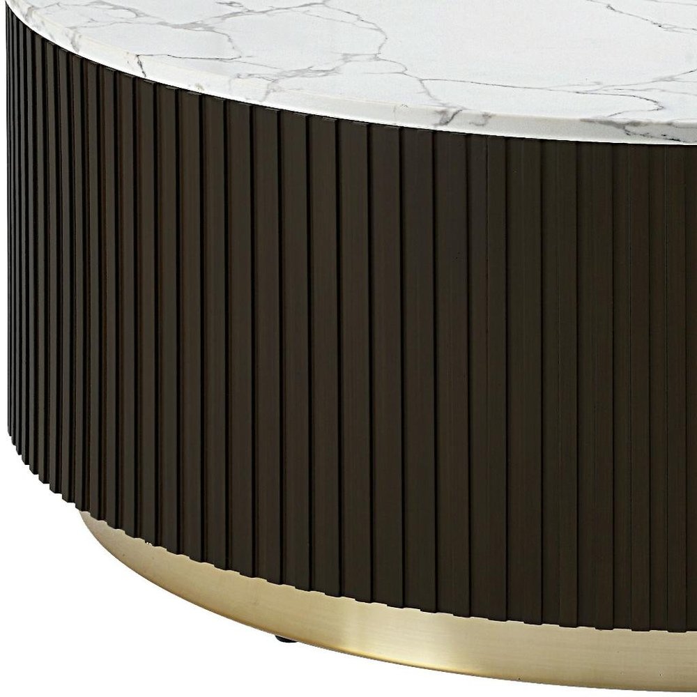 35" White Espresso and Gold Faux Marble Solid Wood and Steel Round Drum Coffee Table HomeRoots