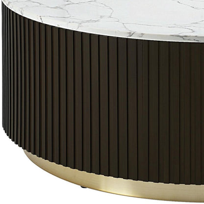 35" White Espresso and Gold Faux Marble Solid Wood and Steel Round Drum Coffee Table HomeRoots