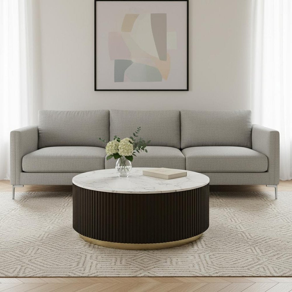 35" White Espresso and Gold Faux Marble Solid Wood and Steel Round Drum Coffee Table HomeRoots