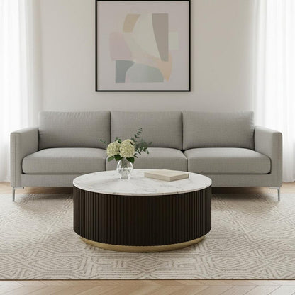 35" White Espresso and Gold Faux Marble Solid Wood and Steel Round Drum Coffee Table HomeRoots