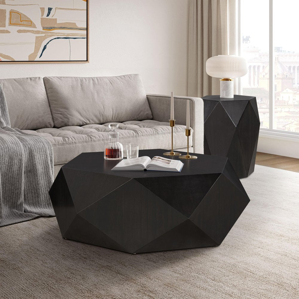 50" Black Wood Hexagon Block Coffee Table HomeRoots
