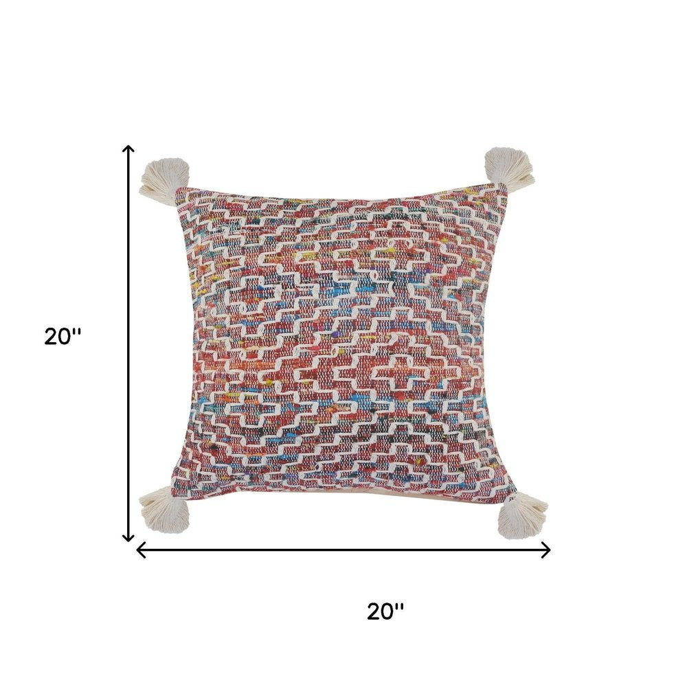 20" Red Blue And Natural Geometric Polyester Blend Throw Pillow Cover with Tassels — view 7