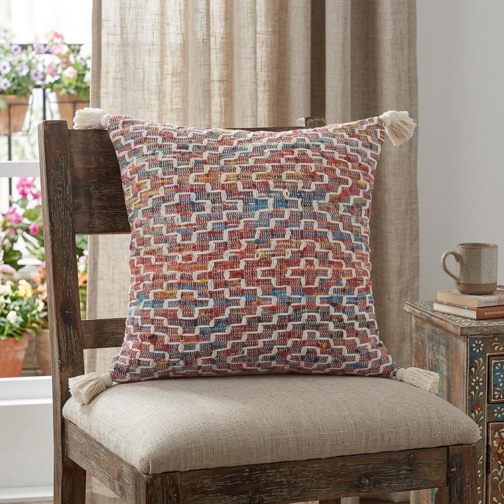 20" Red Blue And Natural Geometric Polyester Blend Throw Pillow Cover with Tassels — view 8