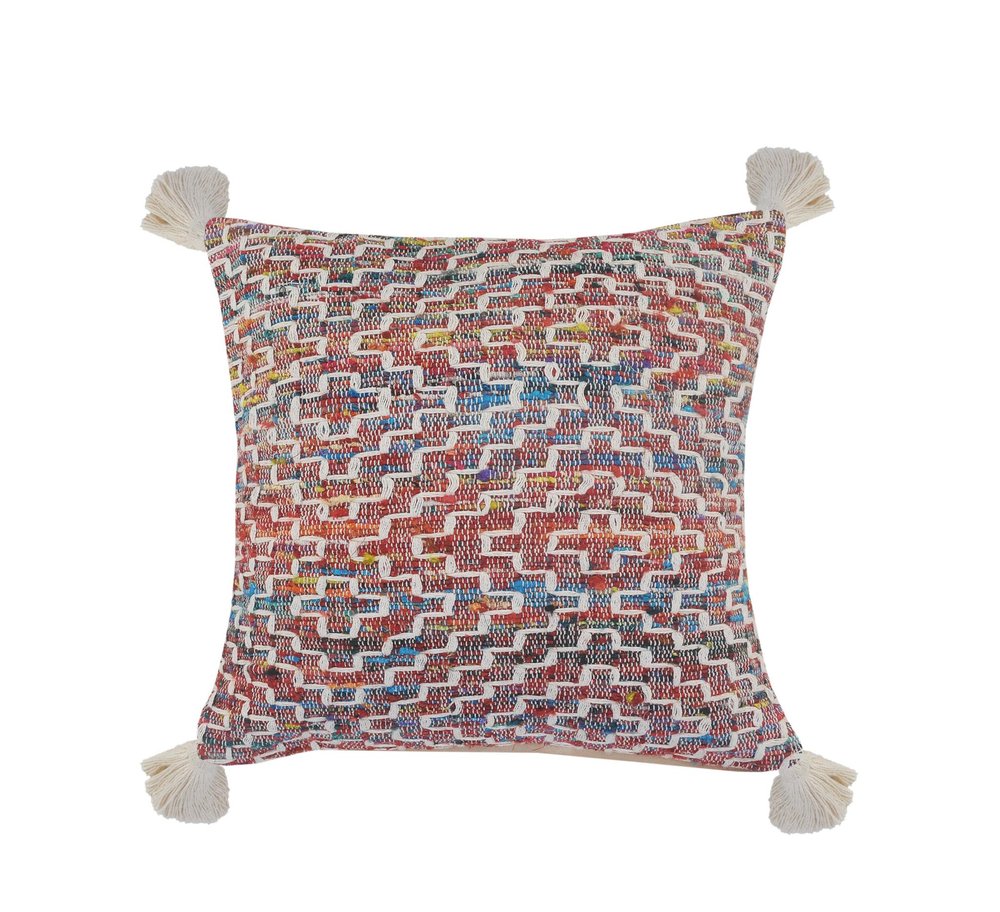 20" Red Blue And Natural Geometric Polyester Blend Throw Pillow Cover with Tassels — view 1