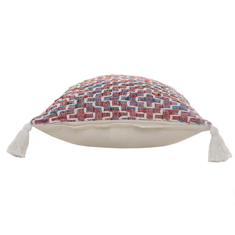20" Red Blue And Natural Geometric Polyester Blend Throw Pillow Cover with Tassels — view 3