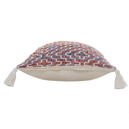 20" Red Blue And Natural Geometric Polyester Blend Throw Pillow Cover with Tassels