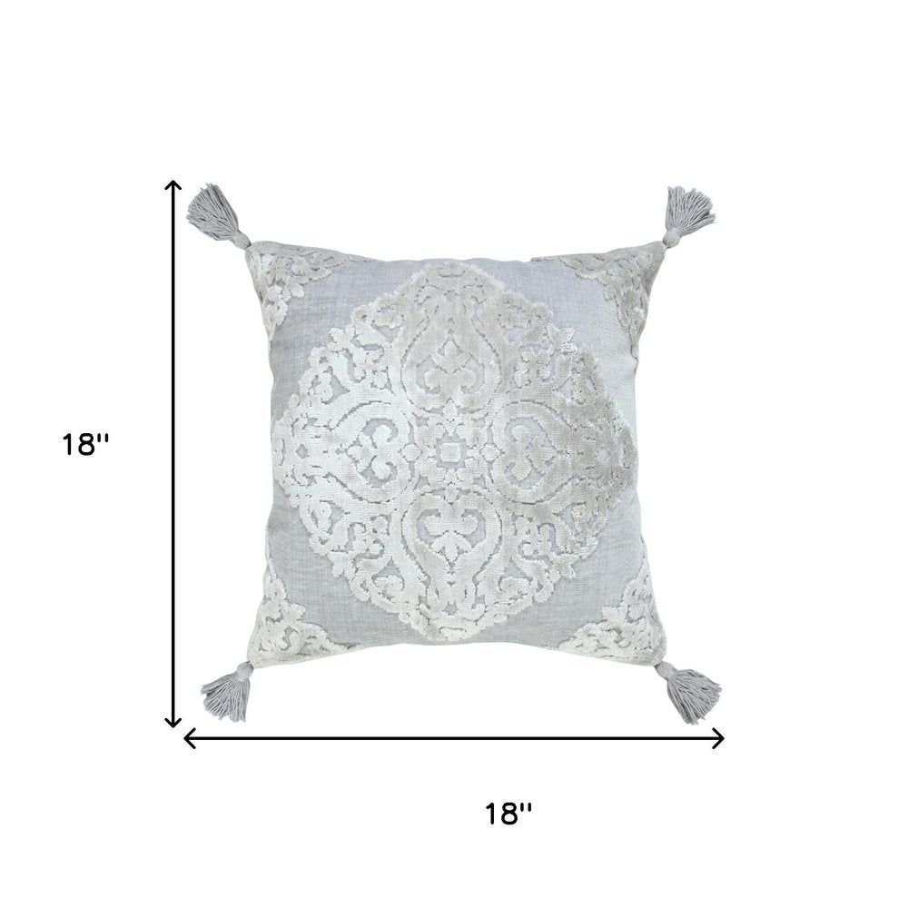 18" Silver And Gray Medallion Viscose Throw Pillow Cover with Tassels — view 7