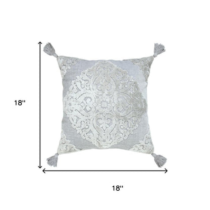 18" Silver And Gray Medallion Viscose Throw Pillow Cover with Tassels