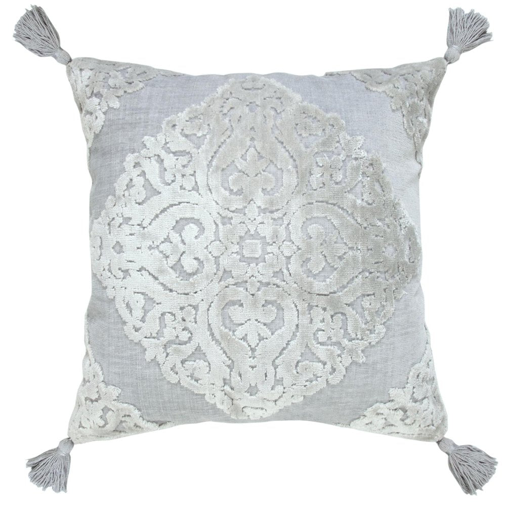 18" Silver And Gray Medallion Viscose Throw Pillow Cover with Tassels — view 1