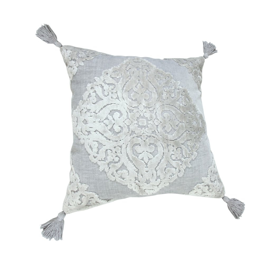 18" Silver And Gray Medallion Viscose Throw Pillow Cover with Tassels — view 2