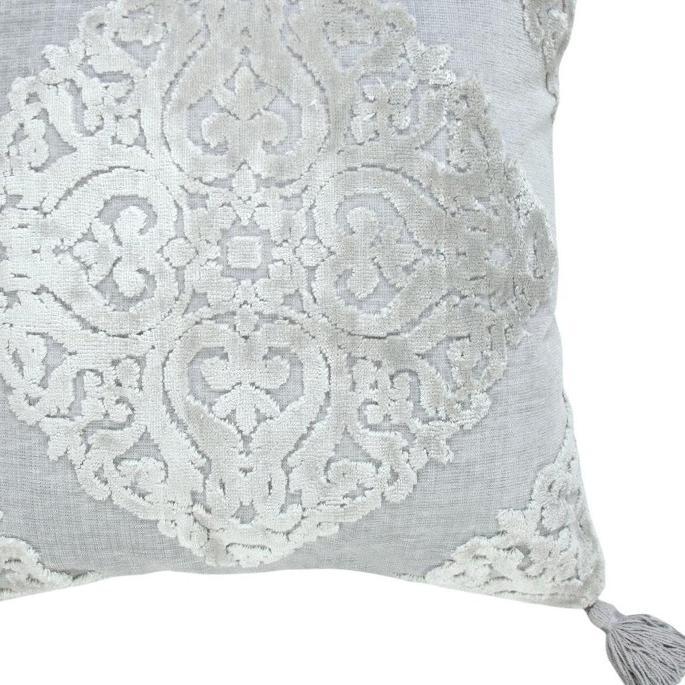 18" Silver And Gray Medallion Viscose Throw Pillow Cover with Tassels — view 6