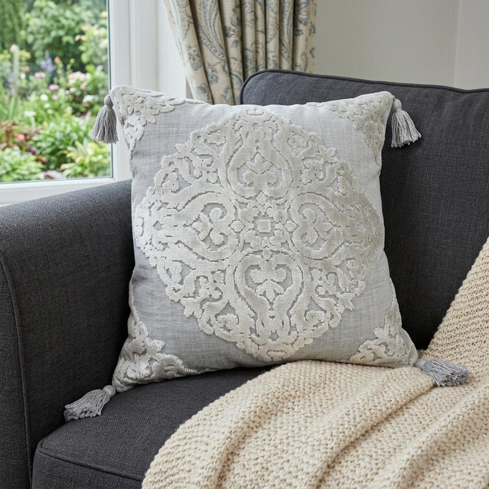 18" Silver And Gray Medallion Viscose Throw Pillow Cover with Tassels — view 8