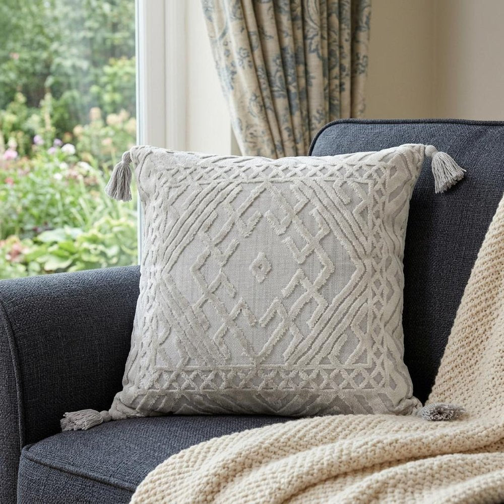 18" Gray And Silver Geometric Viscose Throw Pillow Cover with Tassels — view 8