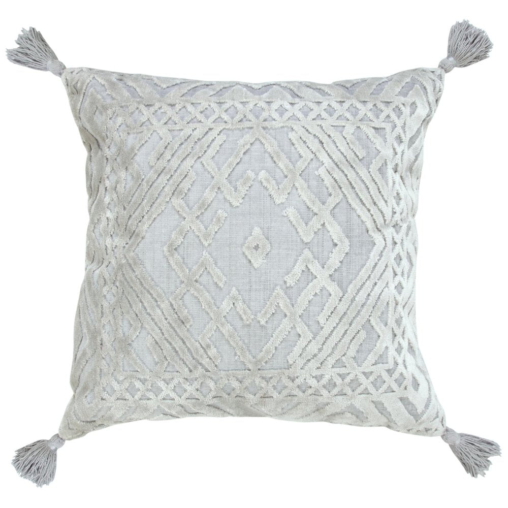 18" Gray And Silver Geometric Viscose Throw Pillow Cover with Tassels — view 1