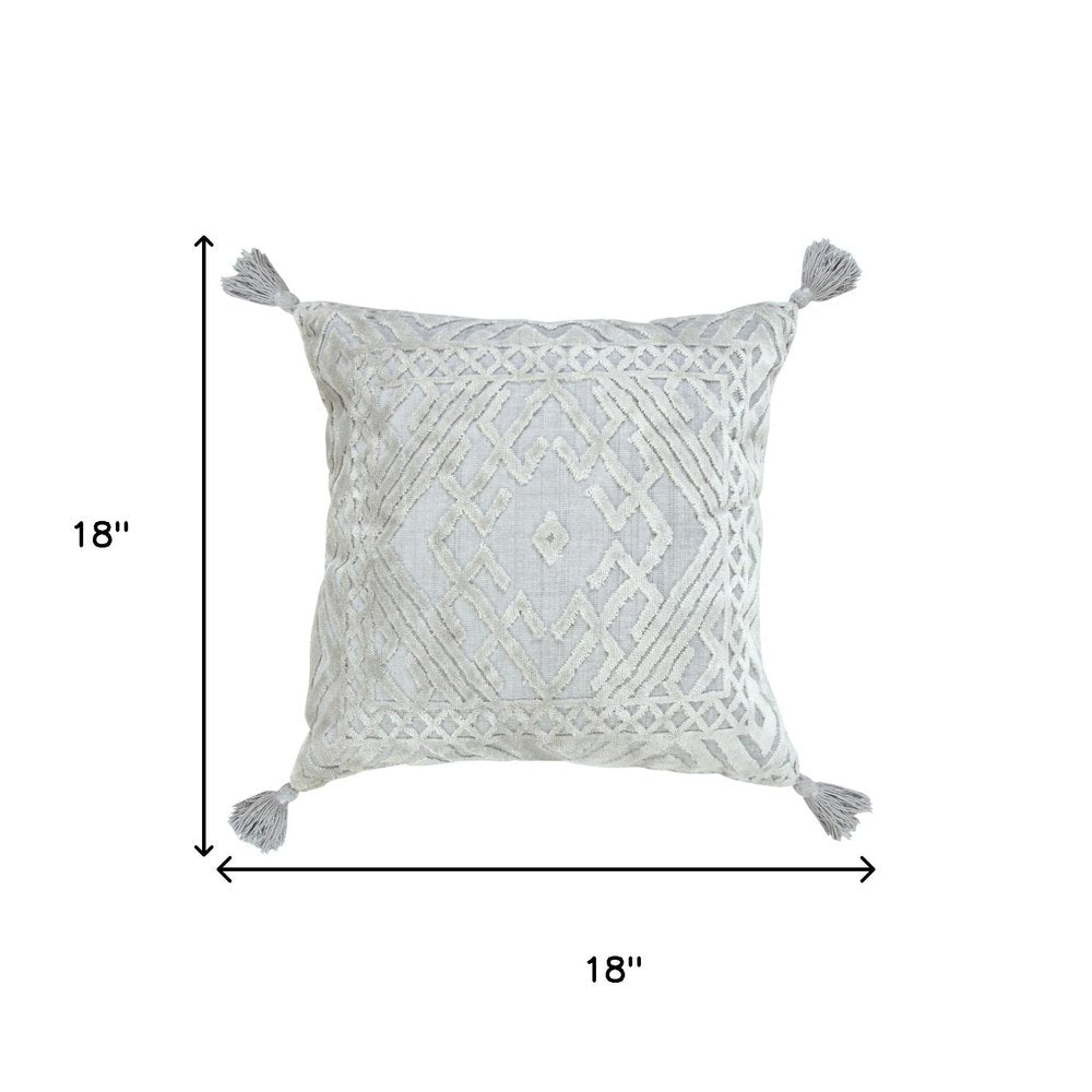 18" Gray And Silver Geometric Viscose Throw Pillow Cover with Tassels — view 7