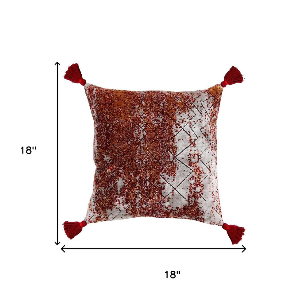 18" Red And Silver Abstract Geometric Viscose Throw Pillow Cover with Tassels — view 5