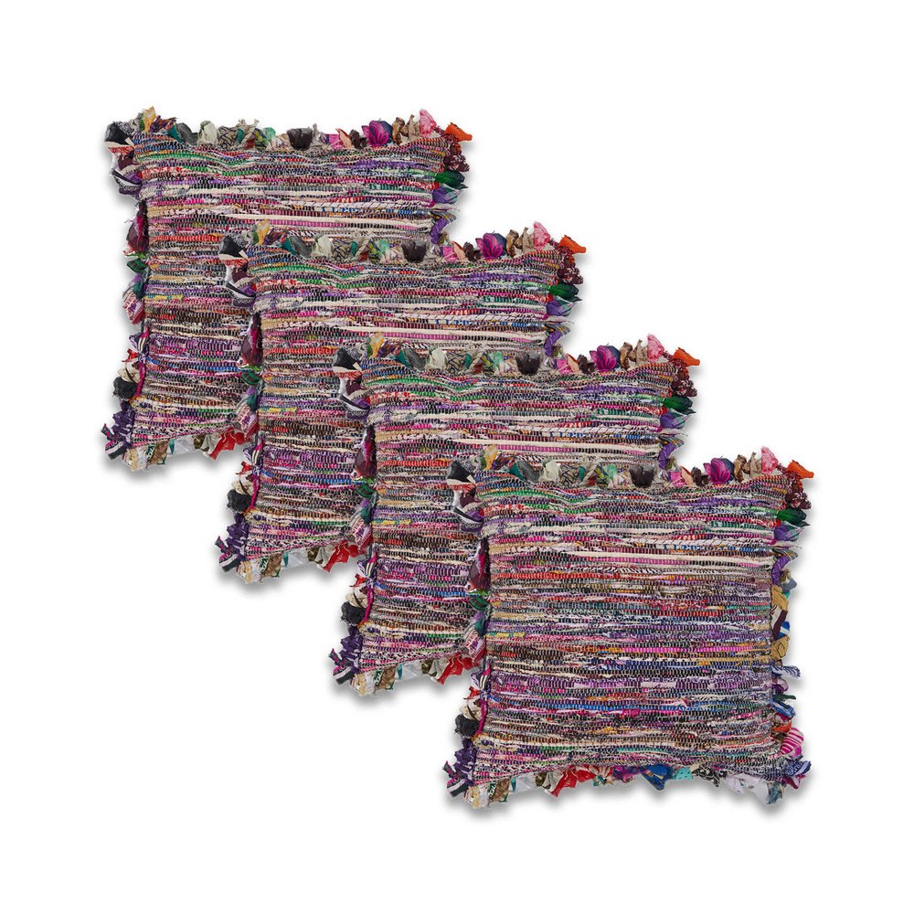 Set of Four 18" Red Pink And Indigo Floor Striped Rayon Throw Pillow Covers