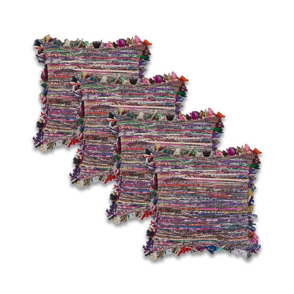 Set of Four 18" Red Pink And Indigo Floor Striped Rayon Throw Pillow Covers HomeRoots