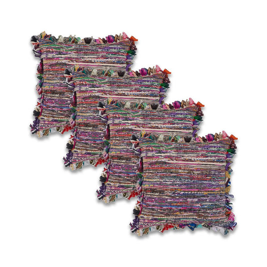 Set of Four 18" Red Pink And Indigo Floor Striped Rayon Throw Pillow Covers