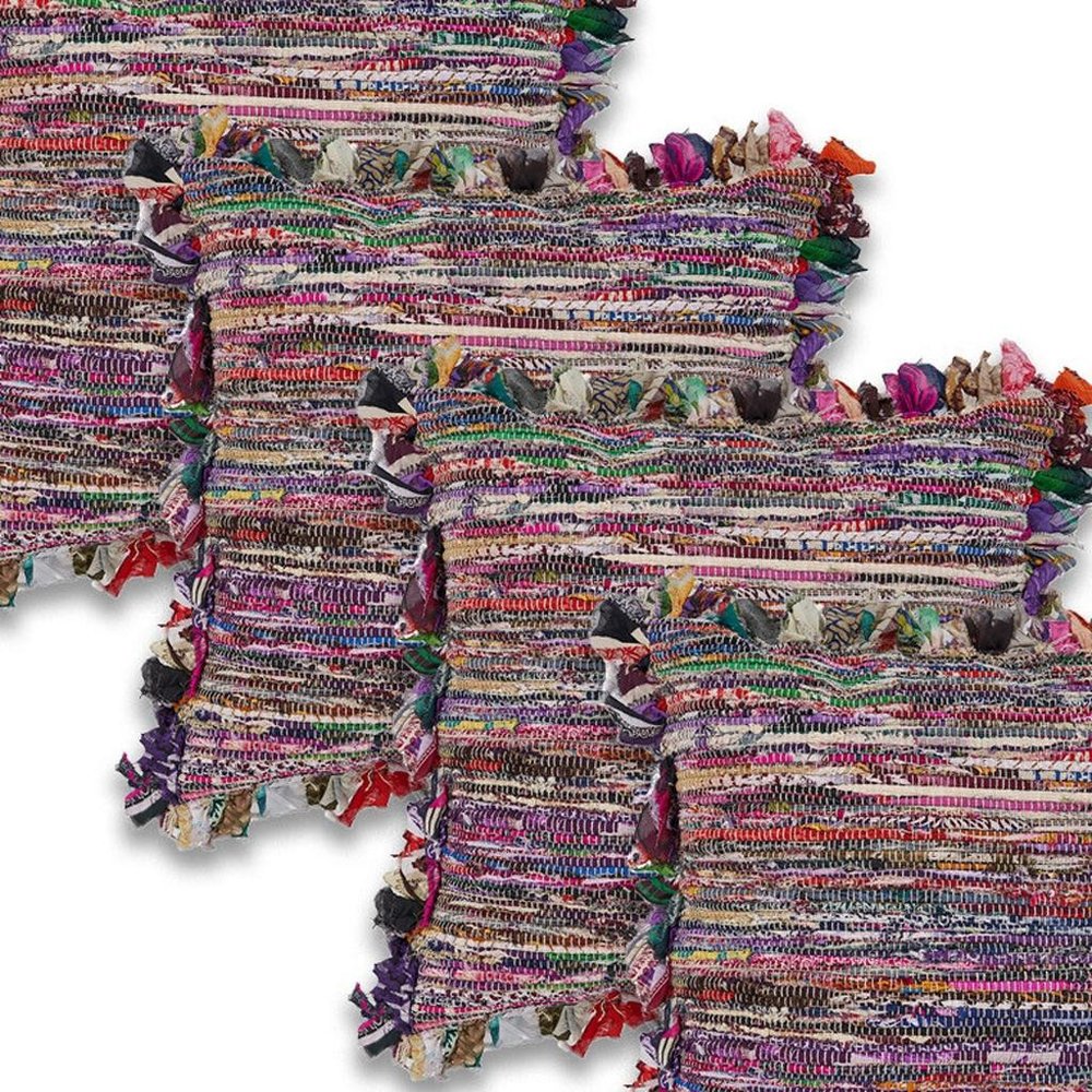 Set of Four 18" Red Pink And Indigo Floor Striped Rayon Throw Pillow Covers HomeRoots