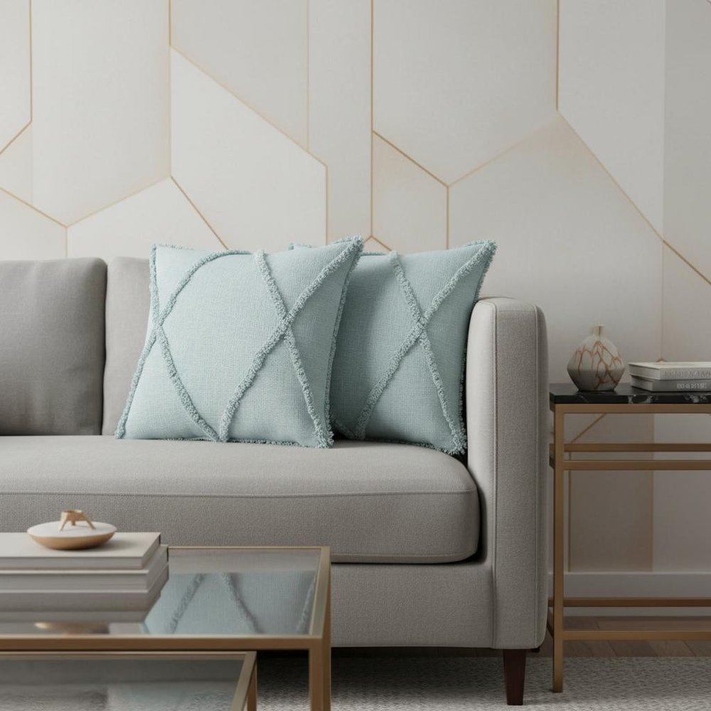 Set of Two 18" Pale Aqua Diamond Cotton Throw Pillow Covers — view 4