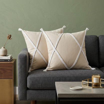 Set of Two 20" Beige And Brown Cotton Throw Pillows with Tufts
