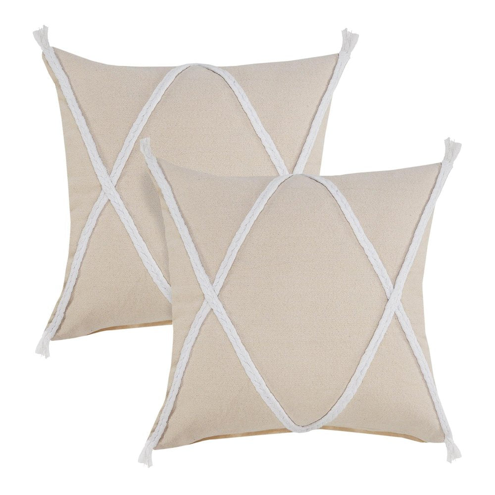 Set of Two 20" Beige And Brown Cotton Throw Pillows with Tufts — view 1