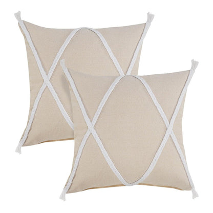 Set of Two 20" Beige And Brown Cotton Throw Pillows with Tufts