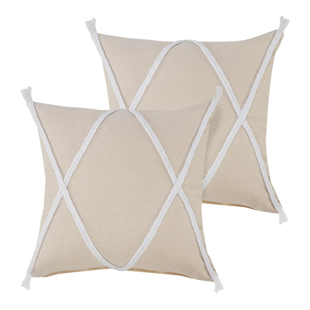 Set of Two 20" Beige And Brown Cotton Throw Pillows with Tufts