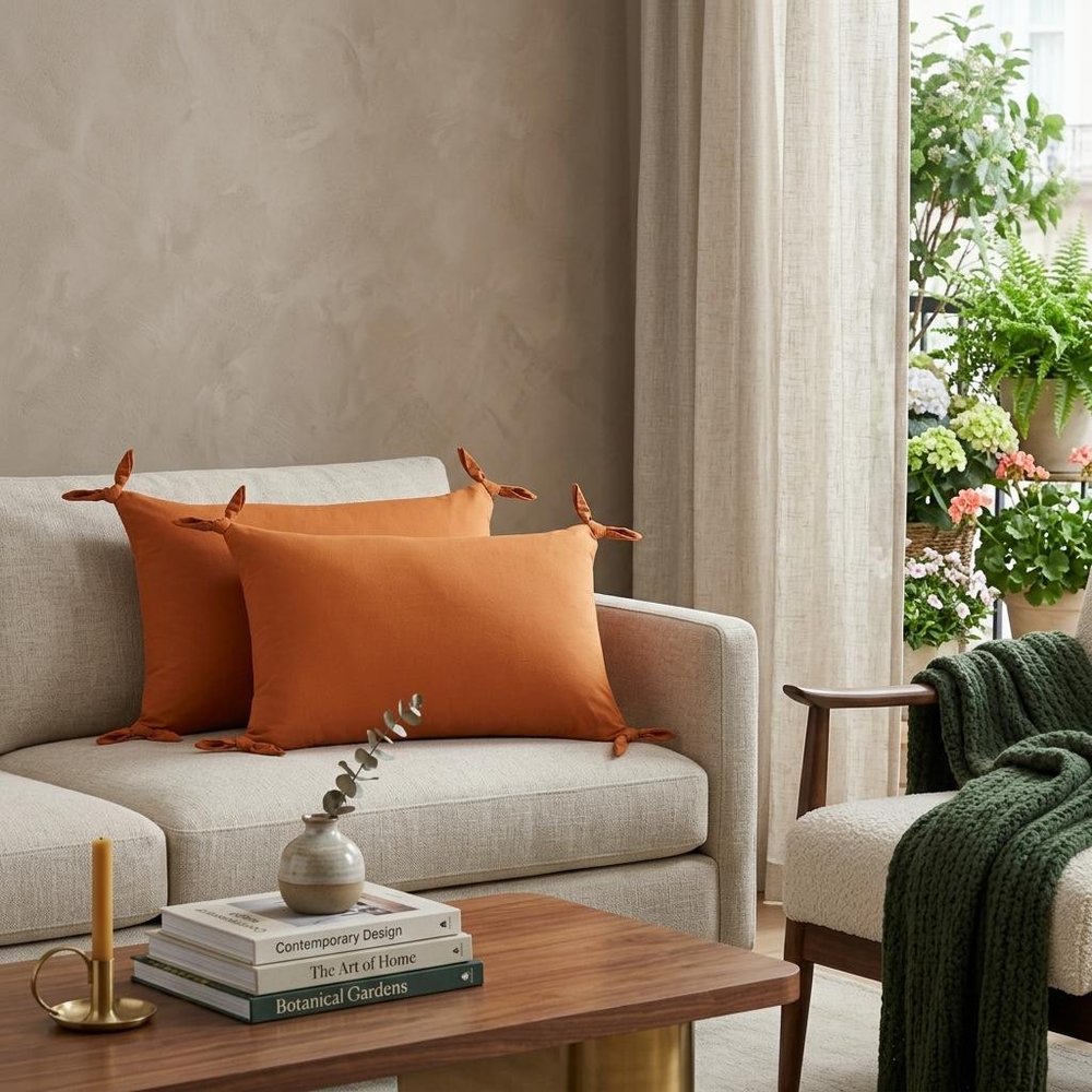 Set of Two 16" X 24" Orange Lumbar Cotton Throw Pillows — view 10