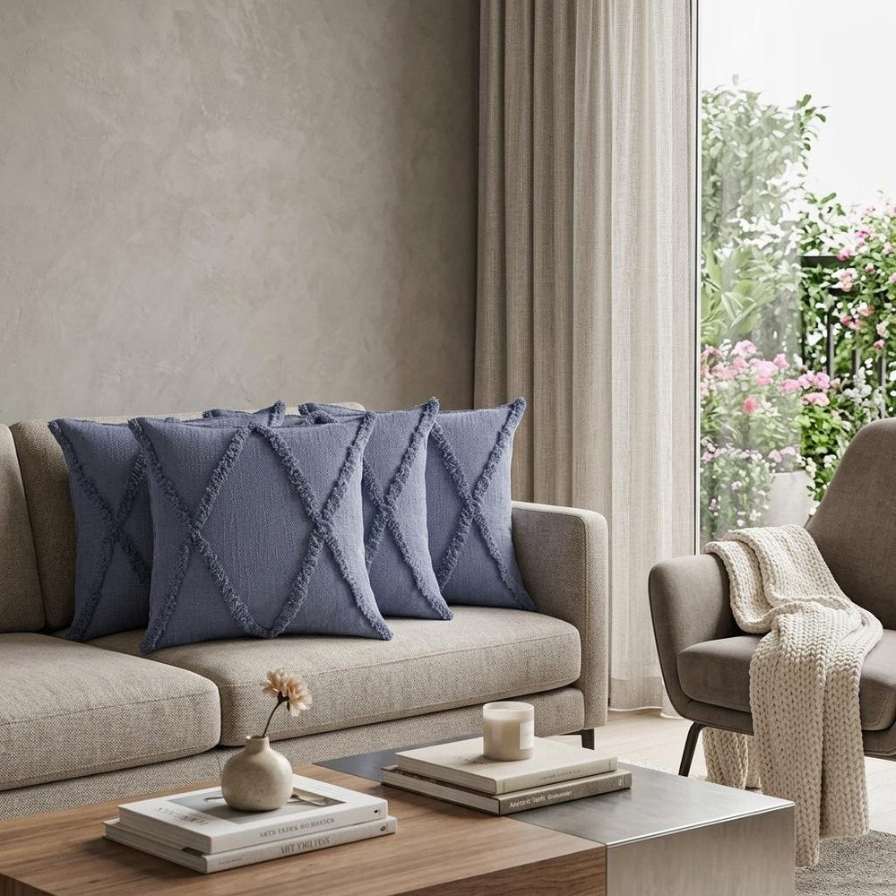 Set of Four 18" Denim Blue Diamond Cotton Throw Pillows — view 10