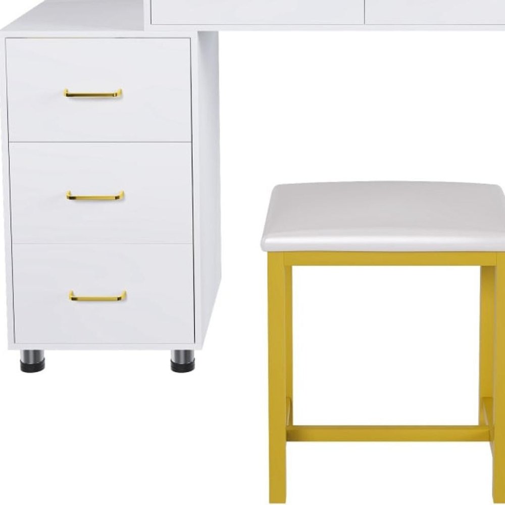 32" White Wood Mirrored Five Drawer Vanity Table HomeRoots