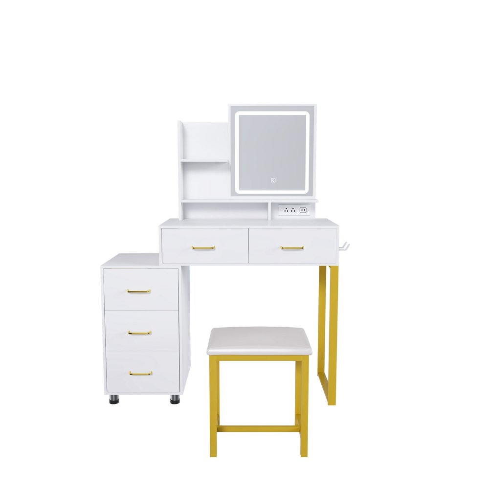 32" White Wood Mirrored Five Drawer Vanity Table HomeRoots