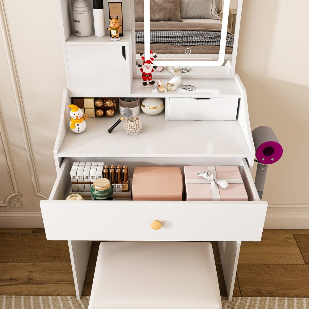 43" White Wood Mirrored Three Drawer Vanity Table HomeRoots