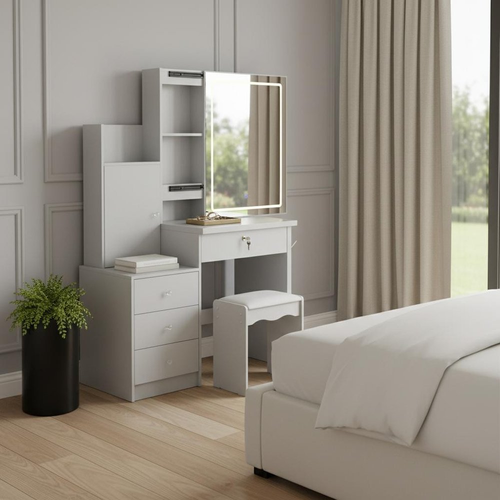 35" White Wood Mirrored Four Drawer Vanity Table — view 3
