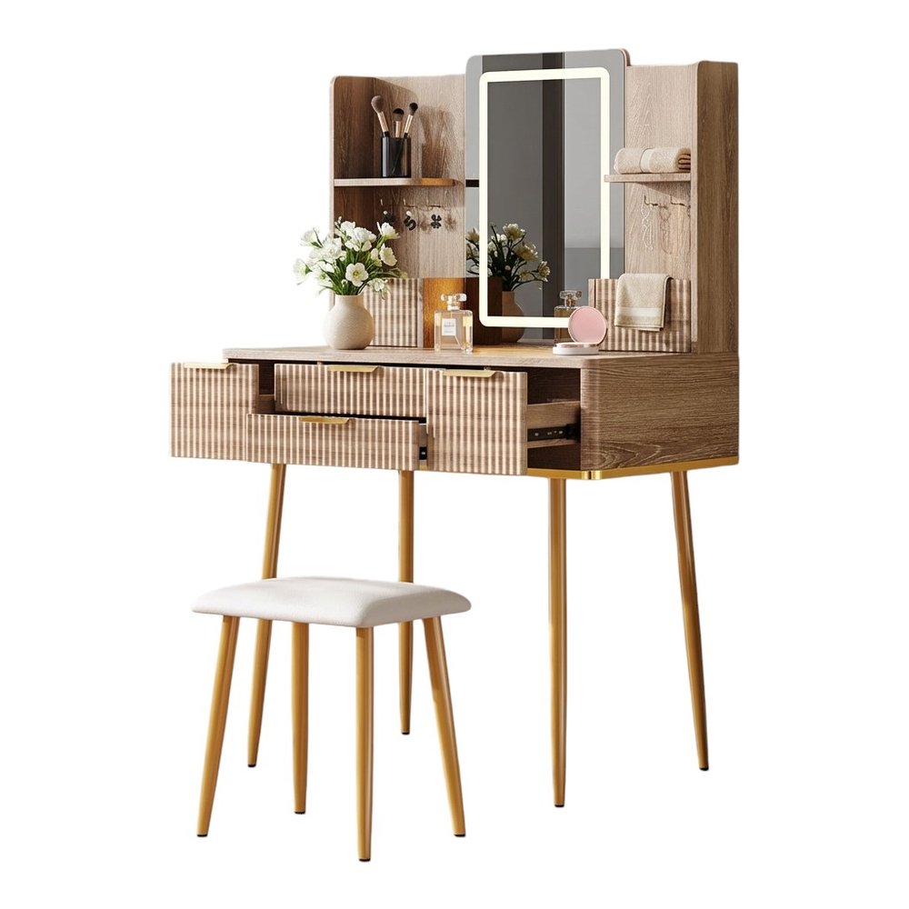 30" Brown Wood Mirrored Four Drawer Vanity Table HomeRoots