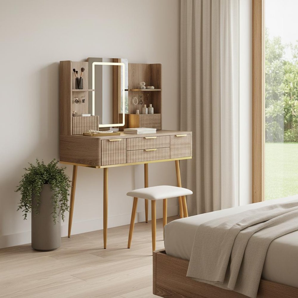 30" Brown Wood Mirrored Four Drawer Vanity Table — view 3