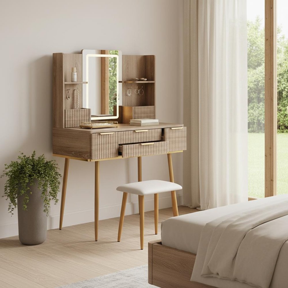 30" Brown Wood Mirrored Four Drawer Vanity Table — view 4
