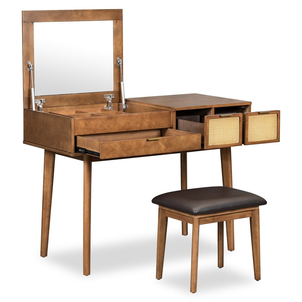 43" Brown Wood Mirrored Three Drawer Vanity Table HomeRoots