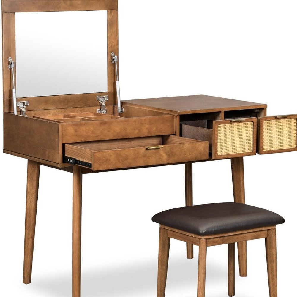 43" Brown Wood Mirrored Three Drawer Vanity Table HomeRoots