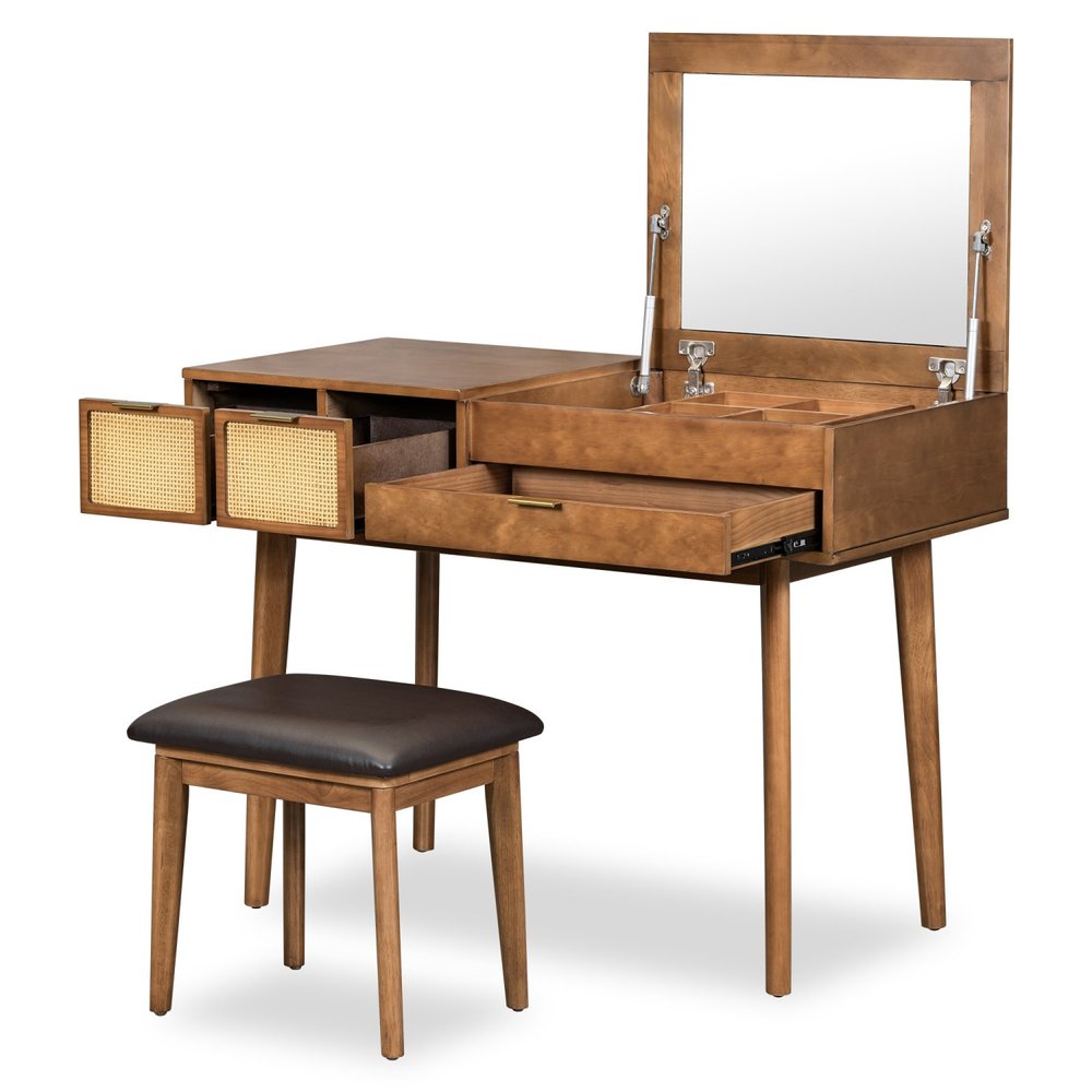 43" Brown Wood Mirrored Three Drawer Vanity Table HomeRoots