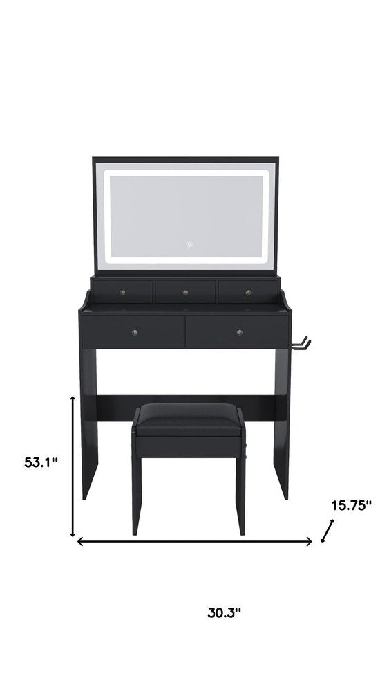 30" Black Wood Mirrored Five Drawer Vanity Table HomeRoots