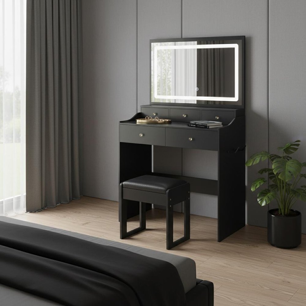 30" Black Wood Mirrored Five Drawer Vanity Table HomeRoots