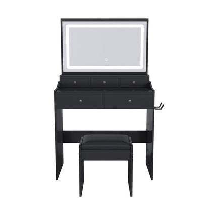 30" Black Wood Mirrored Five Drawer Vanity Table HomeRoots
